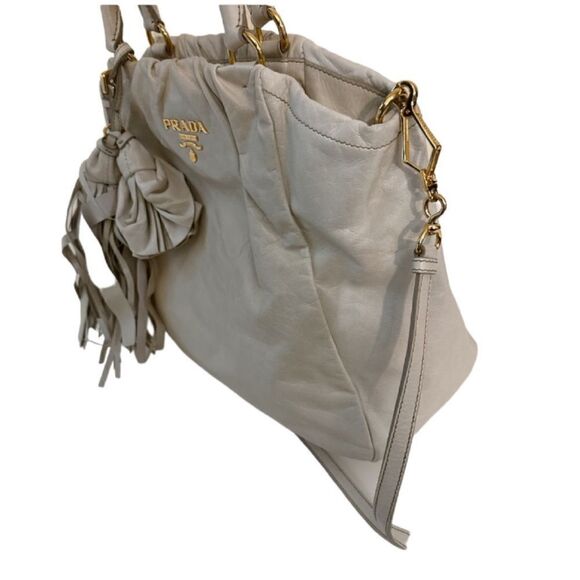 PRADA Vitello Two Way Hobo Beige Fringe Leather Bag - Picture 3 of 15